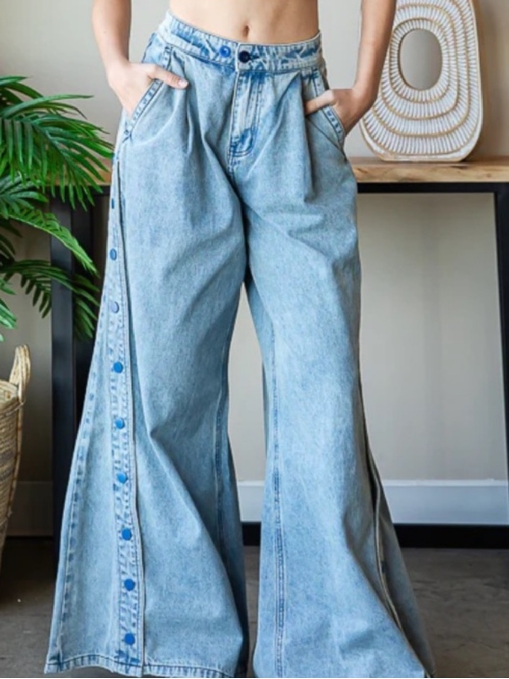 OLI & HALI Washed Wide Leg Flared Palazzo Denim Pants Blue Snaps Up Leg